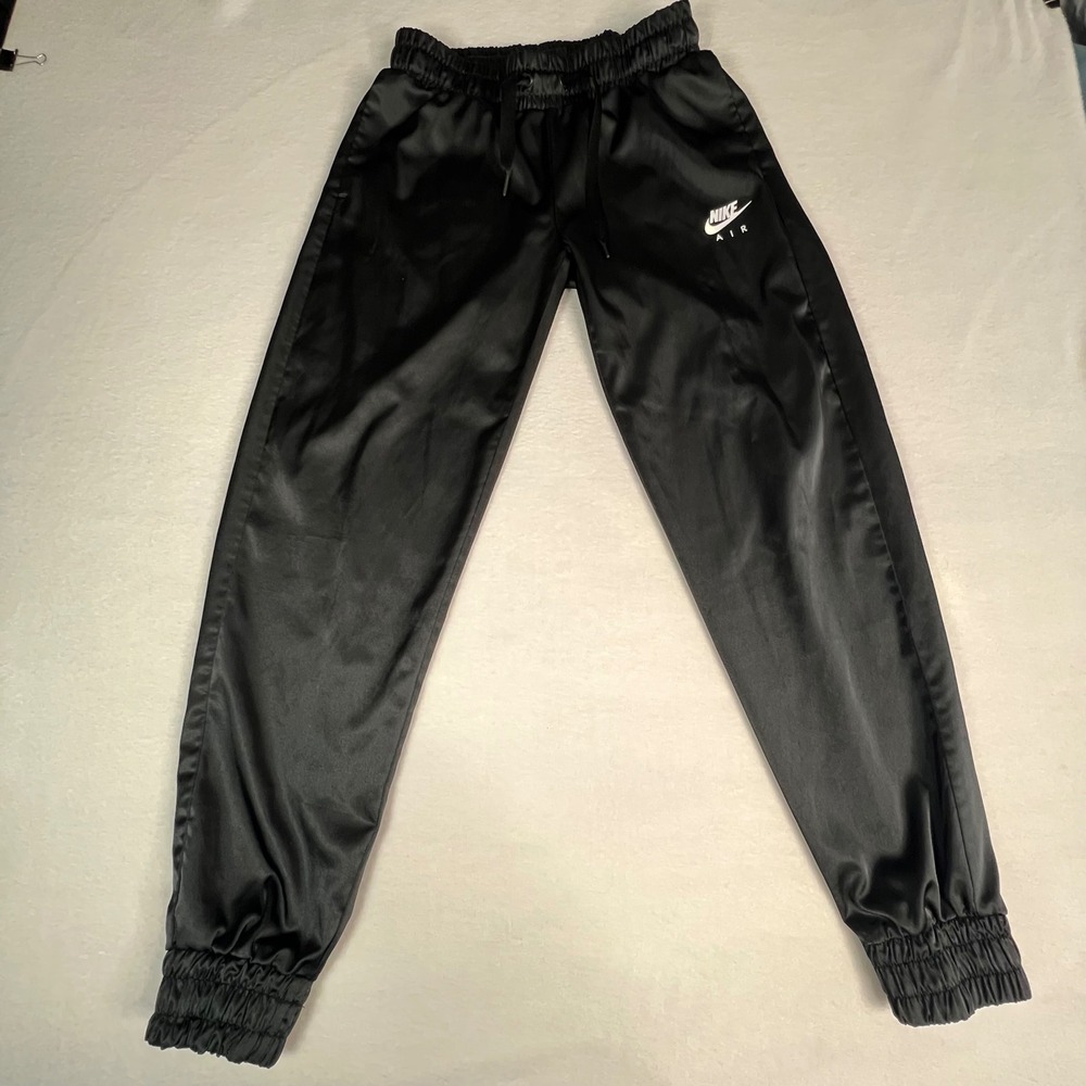 Nike Air Womens Satin Jogger Pants Black Elastic Waist Drawstring Size Small
